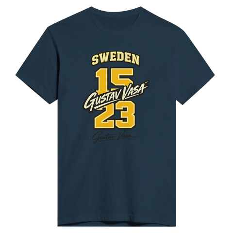 Gustav Vasa "SWEDEN 1523" sportig tryck på mörkblå premium t-shirt.