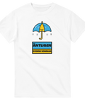 Svensk sommar-motiv med leende paraply och text på vit t-shirt.