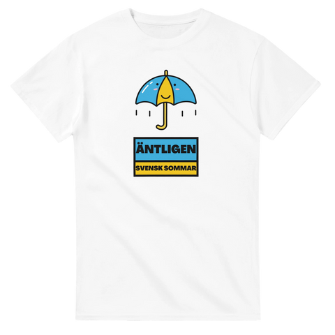 Svensk sommar-motiv med leende paraply och text på vit t-shirt.