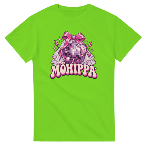 Limegrön t-shirt med texten ”Möhippa”, discokula, rosa rosett och brudslöja.