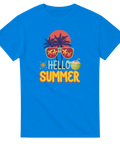 Hello Summer" t-shirt med palmträd, solnedgång, solglasögon och kokosnöt, blå kortärmad.