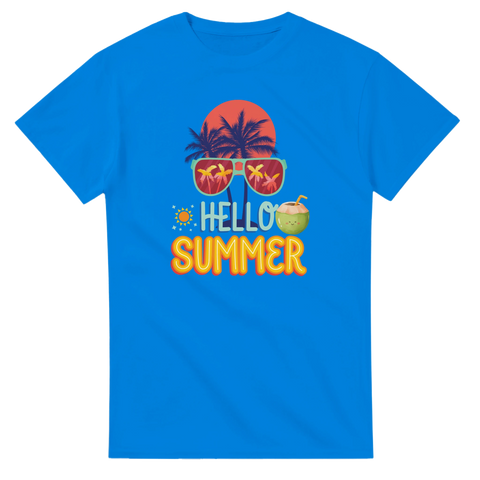 Hello Summer" t-shirt med palmträd, solnedgång, solglasögon och kokosnöt, blå kortärmad.