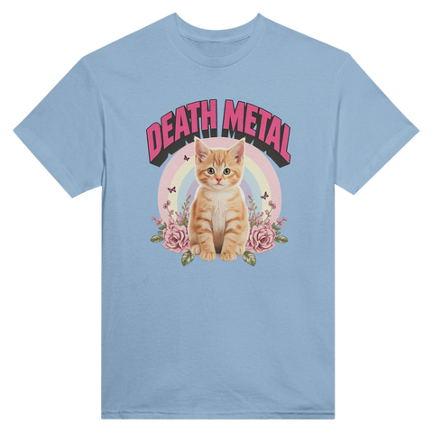 Söt katt i blomsterhav under regnbåge – humoristisk grafisk t-shirt