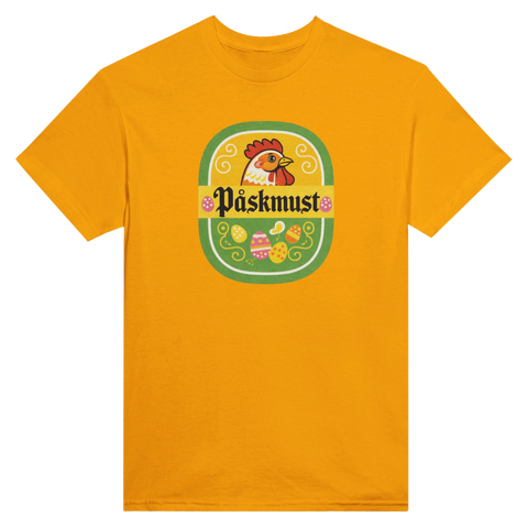 T-shirt i gult med lekfullt och färgglatt påskmustmotiv i retrostil