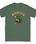 Grön t-shirt med en kaffeserverande julgran och texten ”Barrista”.