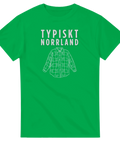 Typiskt Norrland" text och rutig skjorta i vitt på grön T-shirt.