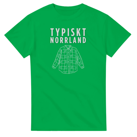 Typiskt Norrland" text och rutig skjorta i vitt på grön T-shirt.