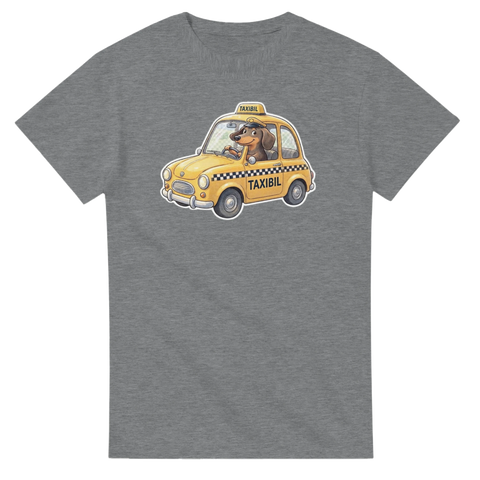Grafisk illustration av tax i bil – gråmelerad t-shirt med humor