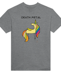 Tecknad Death Metal enhörning med regnbågsman och text på grå t-shirt.