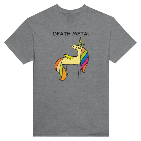 Tecknad Death Metal enhörning med regnbågsman och text på grå t-shirt.