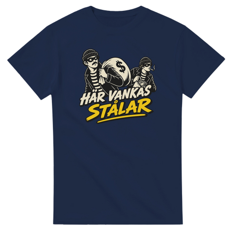 Vintage inspirerad t-shirt med humoristiskt tjuvmotiv på marinblå bas