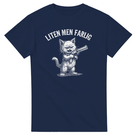Svartvit gravyrstil med arg katt och revolver – t-shirt med attityd