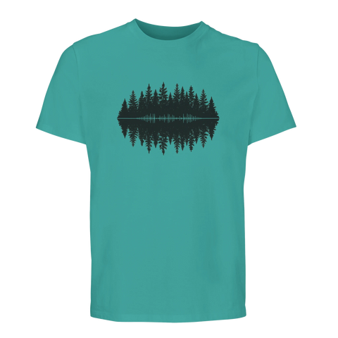 T-shirt i mörk turkos färg med ett stilrent och symmetriskt skogsmotiv