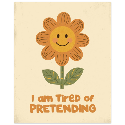 Närbild på en vintageinspirerad poster med motiv av en smileyblomma och tänkvärd text tryckt på halvblankt kvalitetspapper.