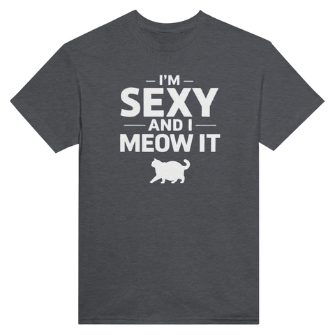 Humoristisk t-shirt med ordvits och grafisk silhuett av en katt