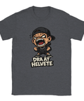 Arg tecknad kille i keps med text "DRA ÅT HELVETE" på mörkgrå t-shirt.