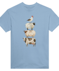 Bondgårdsdjur-pyramid: tupp, svart får, brunt får, ko på ljusblå t-shirt.