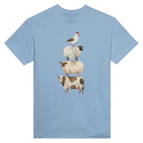 Bondgårdsdjur-pyramid: tupp, svart får, brunt får, ko på ljusblå t-shirt.