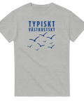Illustration av fiskmåsar i formation med marinblått tryck – grå t-shirt