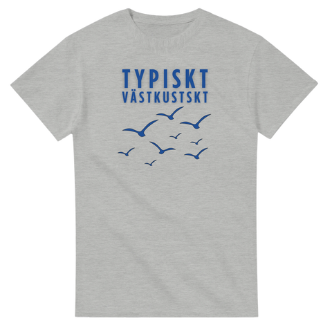 Illustration av fiskmåsar i formation med marinblått tryck – grå t-shirt