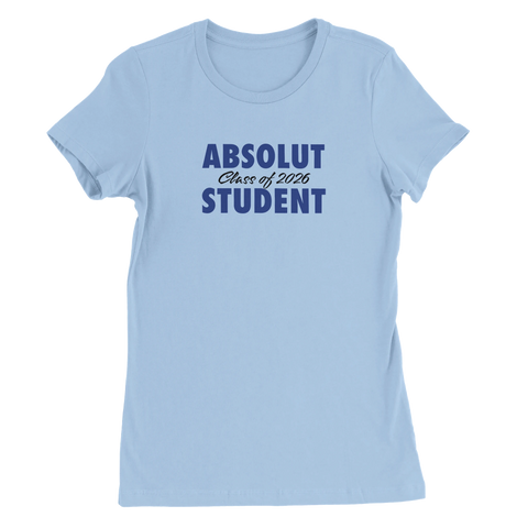 Absolut Student 2026-tryck i mörkblått på ljusblå premium dam T-shirt.