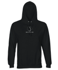 Vitt Skitfiske-hook motiv på svart premium hoodie.