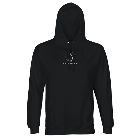 Vitt Skitfiske-hook motiv på svart premium hoodie.