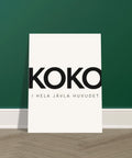 KOKO I HELA JÄVLA HUVUDET poster med svart text på vit bakgrund, minimalistisk design.