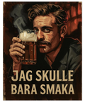 Närbild på en konstposter i retrostil föreställande en man som dricker öl i dämpad belysning med rödaktiga toner.