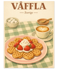 Retroposter med texten Våffla Sverige ovanför en färgstark illustration av mat och kaffe i mjuka beige toner.