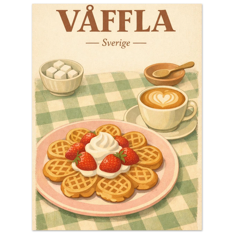 Retroposter med texten Våffla Sverige ovanför en färgstark illustration av mat och kaffe i mjuka beige toner.