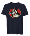 Oversized marinblå t-shirt med kaxig retro-cartoon hund i röd cirkel