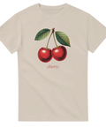 Beige t-shirt med grafiskt körsbärstryck inspirerat av gamla skolplanscher