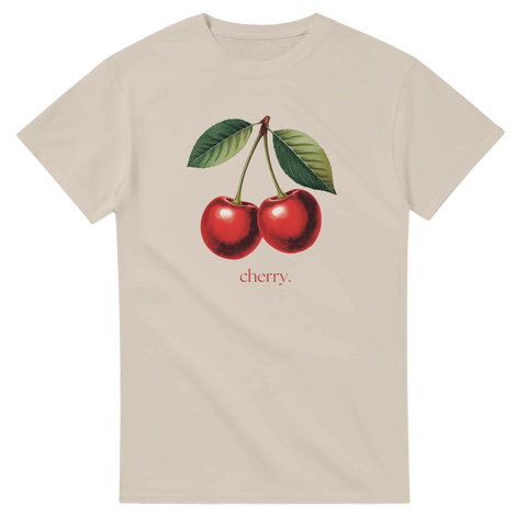 Beige t-shirt med grafiskt körsbärstryck inspirerat av gamla skolplanscher