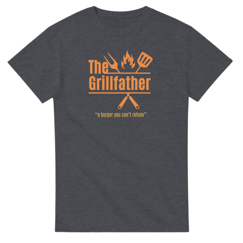 The Grillfather" text med grillverktyg, eld och "a burger you can't refuse" på grå t-shirt.
