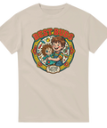 Retro toy t-shirt med vintage badge-motiv av pojke och docka