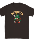 Brun t-shirt med en kaffeserverande julgran och texten ”Barrista”.