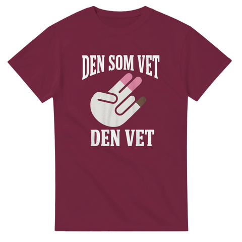 Minimalistiskt handmotiv med texten Den som vet den vet – rolig t-shirt