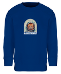 Mjaustronaut-tryck med orange katt i rymdhjälm på kungsblå sweatshirt för barn.
