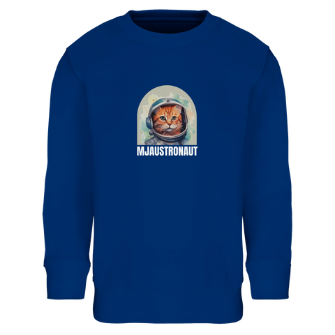 Mjaustronaut-tryck med orange katt i rymdhjälm på kungsblå sweatshirt för barn.