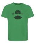 T-shirt i grönt med konstnärligt tryck av ett träd och frekvenskurvor