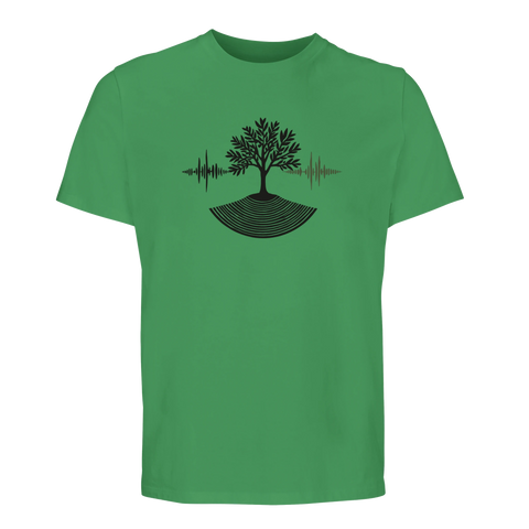 T-shirt i grönt med konstnärligt tryck av ett träd och frekvenskurvor