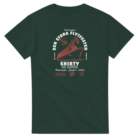 Mörkgrön t-shirt med retro illustration av ett fartyg och ölglas i luften