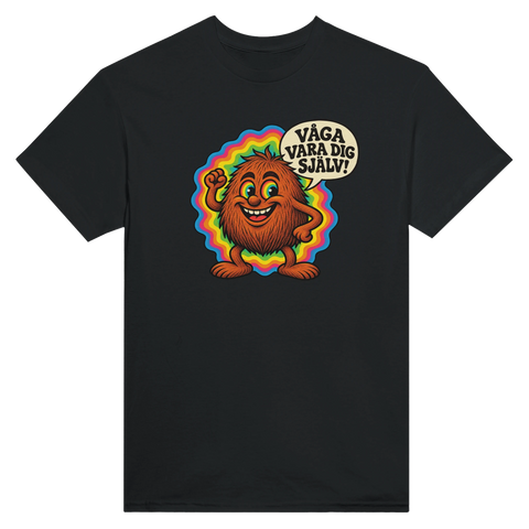 Svart t-shirt med en glad kokosnöt med färgglad bakgrund och texten Våga vara dig själv.