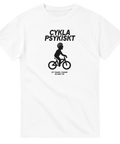 Svart cyklist med spiral i huvudet och text "CYKLA PSYKISKT" på vit t-shirt.