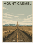 Närbild på en travel poster med texten Mount Carmel och Waco Texas, visad i en minimalistisk grafisk stil.