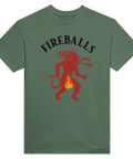 Röd eldsprutande demon med texten "FIREBALLS" på mörkgrön t-shirt.