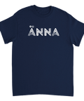 ÄNNA" text med sliten look på marinblå t-shirt, retro design.