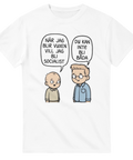 Rolig serie-t-shirt i vit färg med skämt om vuxenlivet och socialism