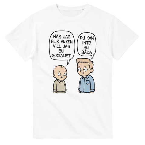 Rolig serie-t-shirt i vit färg med skämt om vuxenlivet och socialism